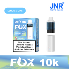 JNR Fox Vape device having sleek design and featuring Lemon & Lime flavor, offering 10,000 puffs for a refreshing experience.