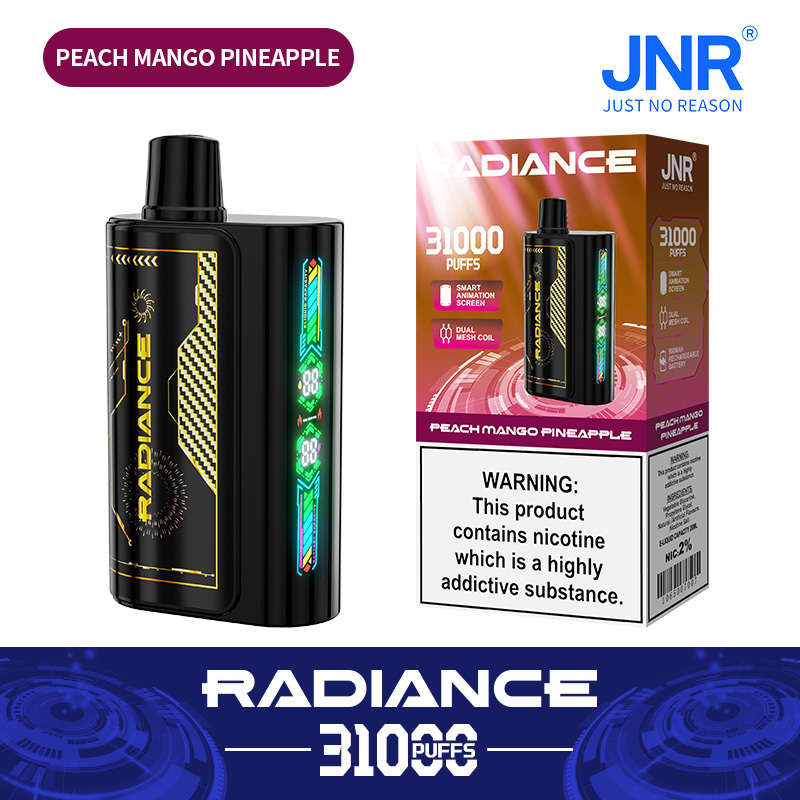 JNR Radiance Elegant Vape device featuring of mix of Peach Mango Pineapple flavor, offering 31,000 puffs for an exhilirating experience.