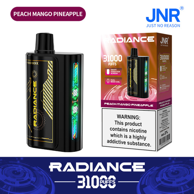 JNR Radiance Elegant Vape device featuring of mix of Peach Mango Pineapple flavor, offering 31,000 puffs for an exhilirating experience.