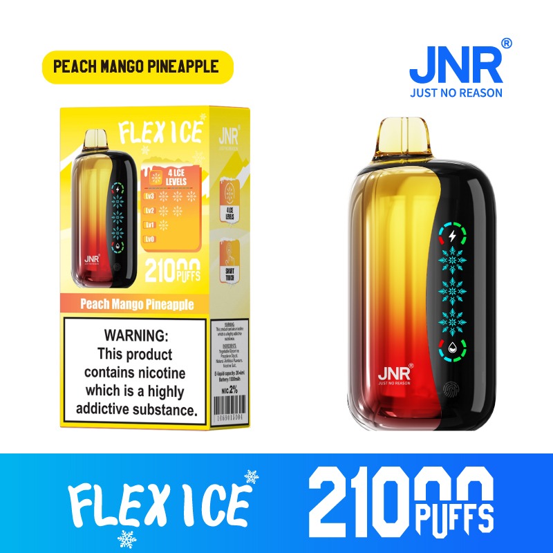 JNR Flex Ice Vape device featuring Peach Mango Pineapple flavor, offering 21,000 puffs for an exhilirating experience.