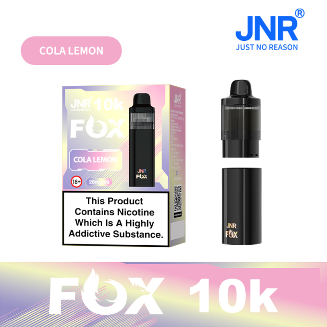 JNR Fox Vape device having sleek design and featuring Cola Lemon flavor, offering 10,000 puffs for a refreshing experience.