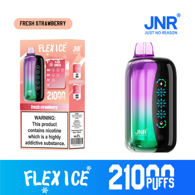 JNR Flex Ice Vape device featuring Fresh Strawberry flavor, offering 21,000 puffs for an exhilirating experience.