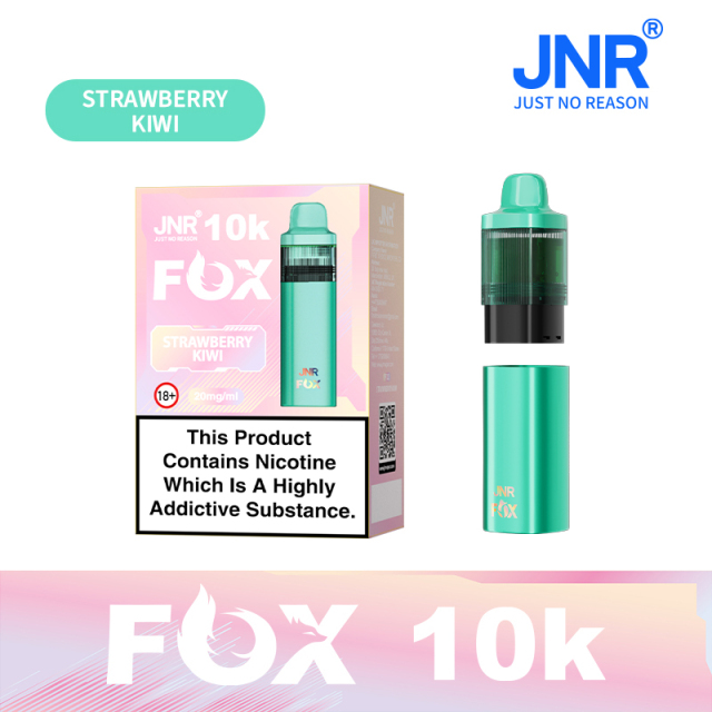 JNR Fox Vape device having sleek design and featuring Strawberry Kiwi flavor, offering 10,000 puffs for a refreshing experience.