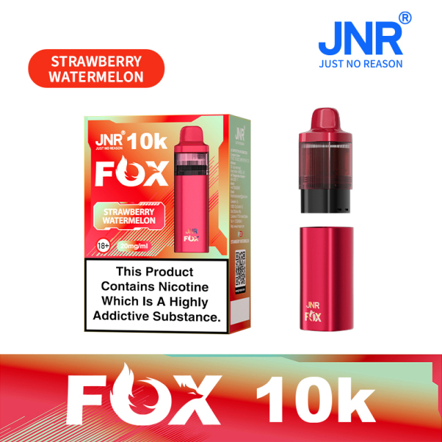 JNR Fox Vape device having sleek design and featuring Strawberry Watermelon flavor, offering 10,000 puffs for a refreshing experience.