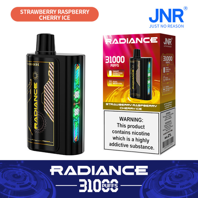 JNR Radiance Elegant Vape device featuring Strawberry Raspberry Cherry Ice flavor, offering 31,000 puffs for an exhilirating experience.