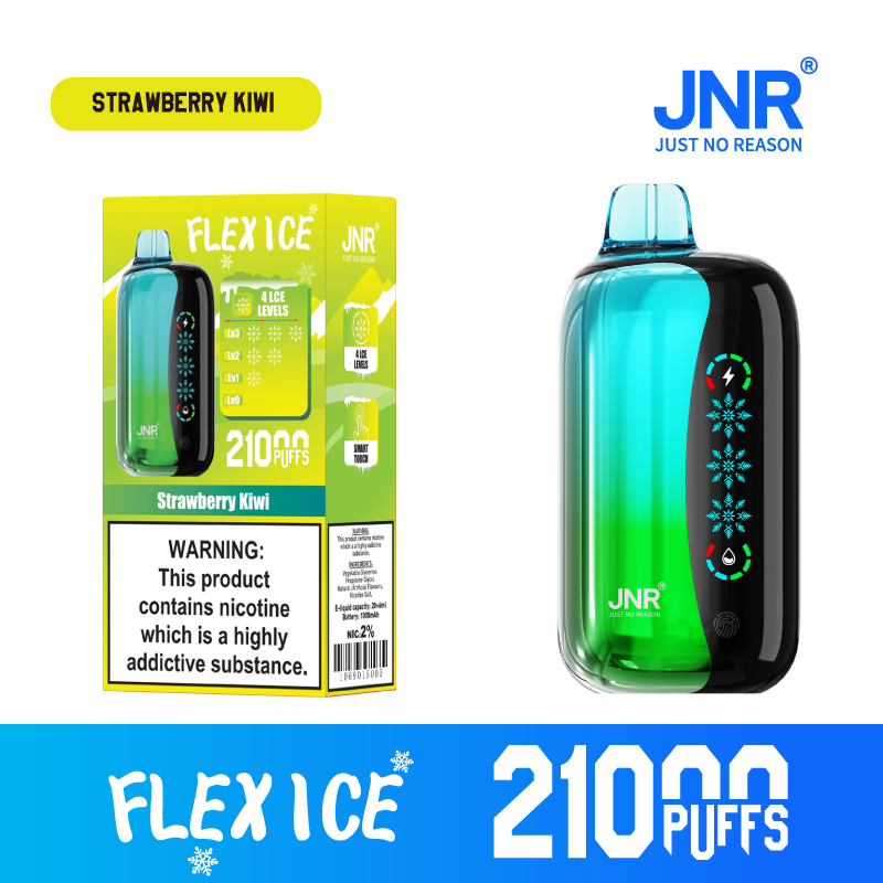 JNR Flex Ice Vape device featuring Strawberry Kiwi flavor, offering 21,000 puffs for an exhilirating experience.