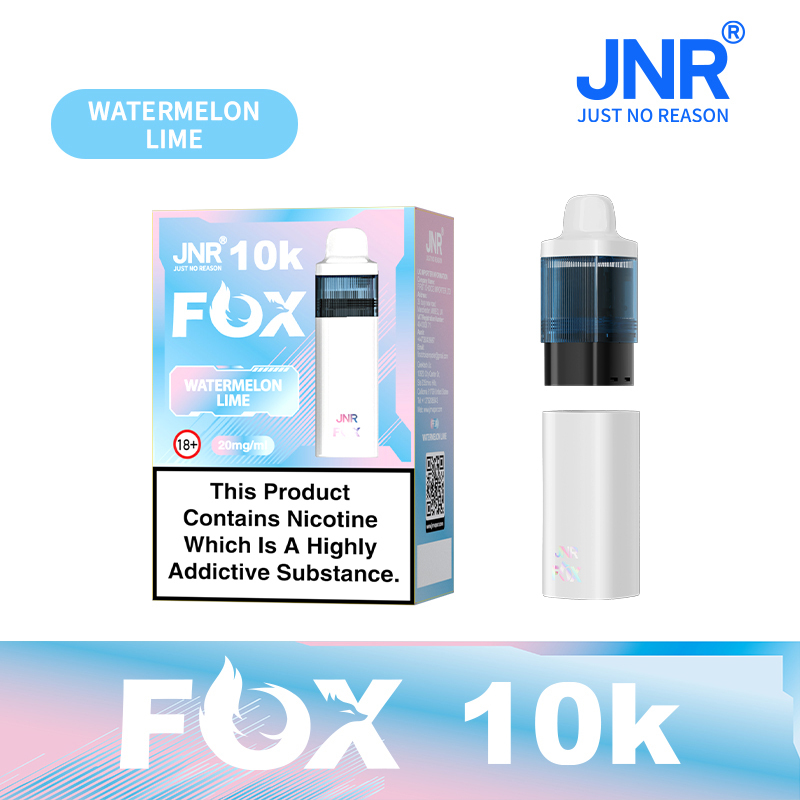 JNR Fox Vape device having sleek design and featuring Watermelon Lime flavor, offering 10,000 puffs for a refreshing experience.
