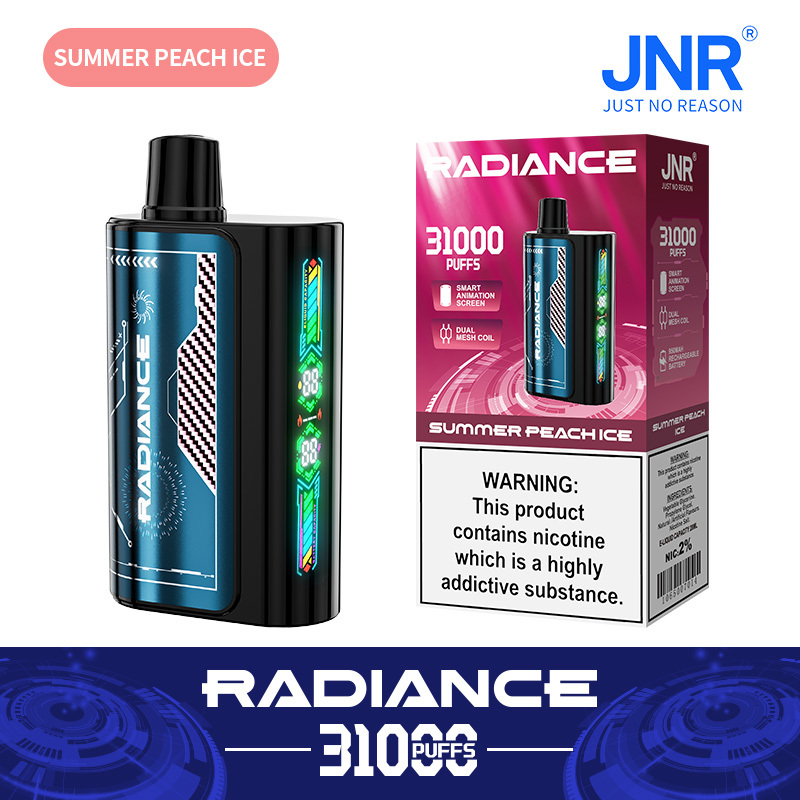 JNR Radiance Elegant Vape device featuring Summer Peach Ice flavor, offering 31,000 puffs for an exhilirating experience.