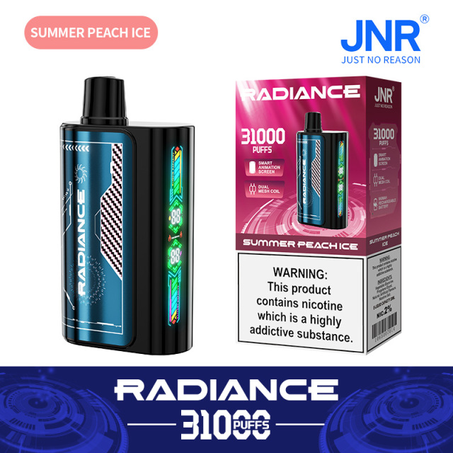 JNR Radiance Elegant Vape device featuring Summer Peach Ice flavor, offering 31,000 puffs for an exhilirating experience.
