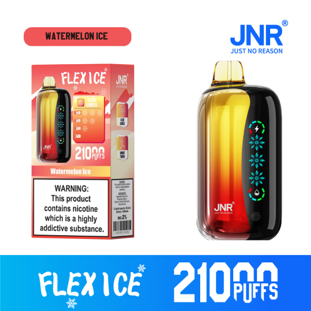 JNR Flex Ice Vape device featuring Watermelon Ice flavor, offering 21,000 puffs for an exhilirating experience.