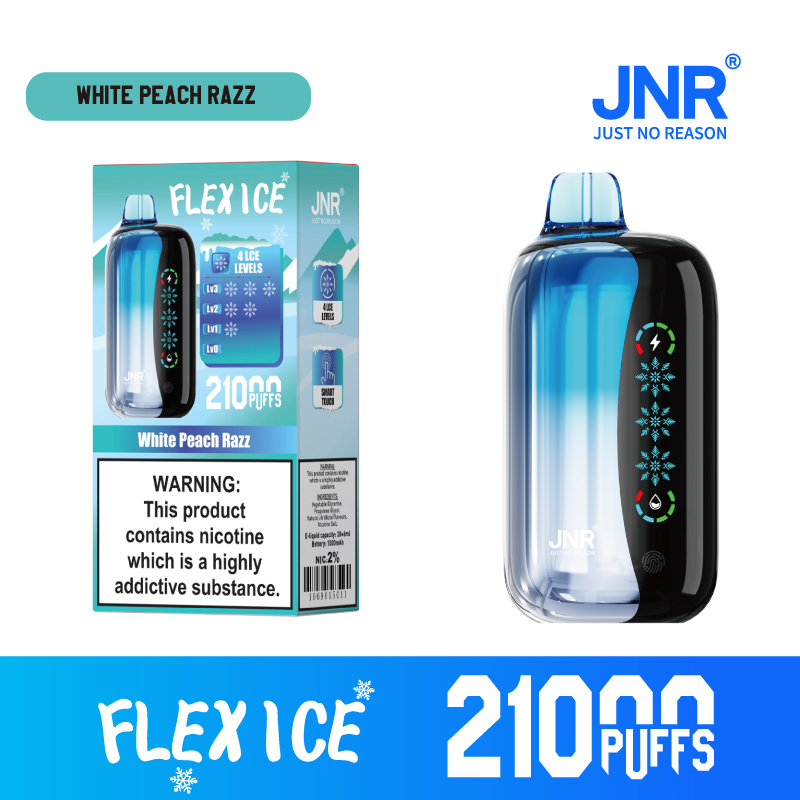 JNR Flex Ice Vape device featuring White Peach Razz flavor, offering 21,000 puffs for an exhilirating experience.