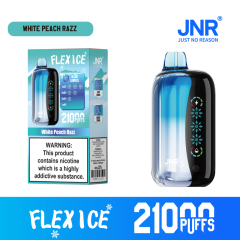 JNR Flex Ice Vape device featuring White Peach Razz flavor, offering 21,000 puffs for an exhilirating experience.