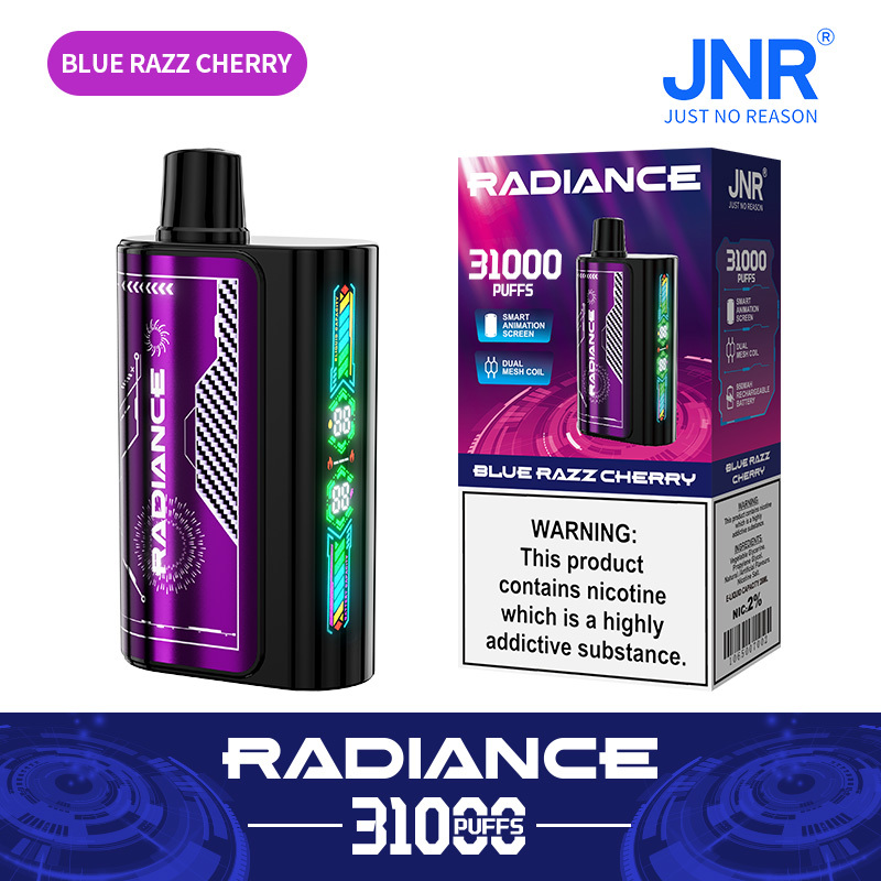 JNR Radiance Elegant Vape device featuring Blue Razz Cherry flavor, offering 31,000 puffs for an exhilirating experience.