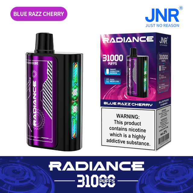 JNR Radiance Elegant Vape device featuring Blue Razz Cherry flavor, offering 31,000 puffs for an exhilirating experience.