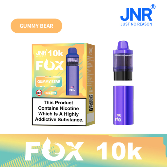 JNR Fox Vape device having sleek design and featuring Gummy Bear flavor, offering 10,000 puffs for a refreshing experience.