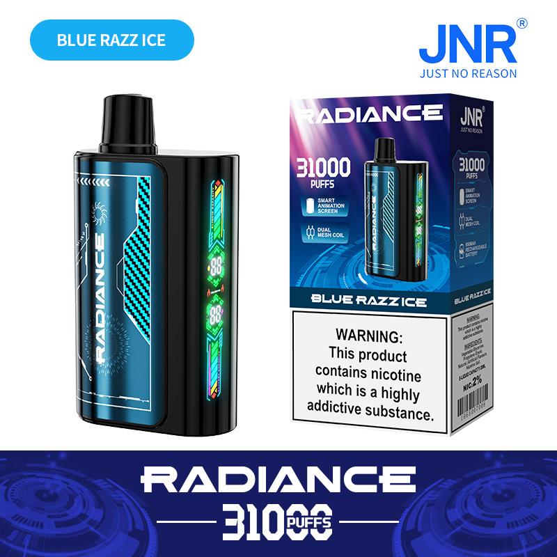 JNR Radiance Elegant Vape device featuring Blue Razz Ice flavor, offering 31,000 puffs for an exhilirating experience.