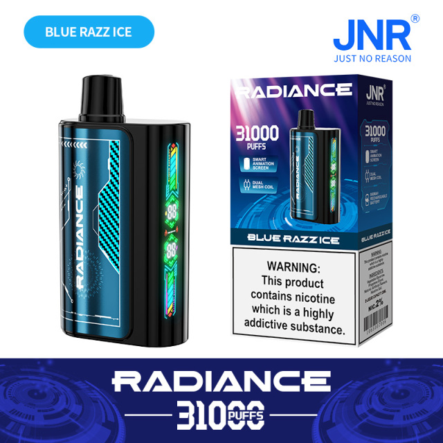 JNR Radiance Elegant Vape device featuring Blue Razz Ice flavor, offering 31,000 puffs for an exhilirating experience.