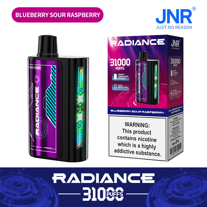 JNR Radiance Elegant Vape device featuring Blueberry Sour Raspberry flavor, offering 31,000 puffs for an exhilirating experience.