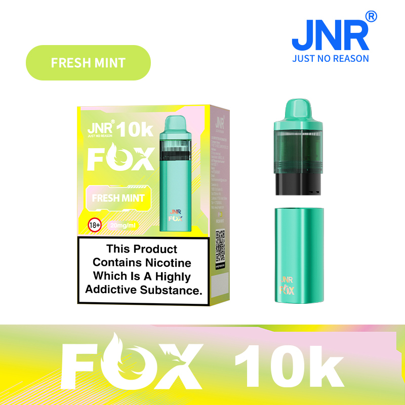 JNR Fox Vape device having sleek design and featuring Fresh Mint flavor, offering 10,000 puffs for a refreshing experience.