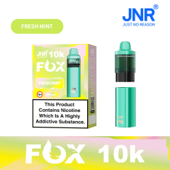 JNR Fox Vape device having sleek design and featuring Fresh Mint flavor, offering 10,000 puffs for a refreshing experience.