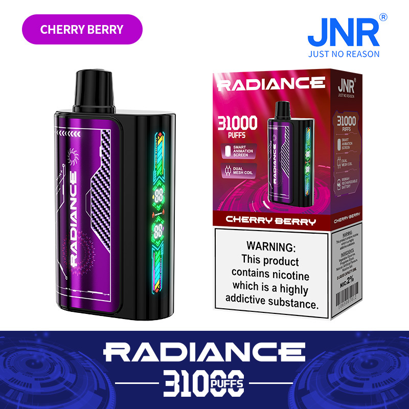 JNR Radiance Elegant Vape device featuring Cherry Berry flavor, offering 31,000 puffs for an exhilirating experience.