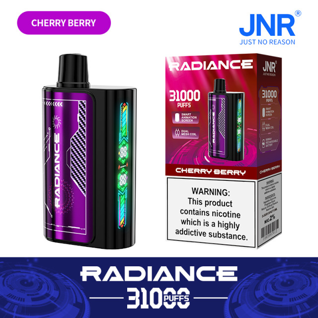 JNR Radiance Elegant Vape device featuring Cherry Berry flavor, offering 31,000 puffs for an exhilirating experience.