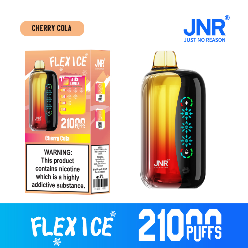 JNR Flex Ice Vape device featuring Cherry Cola flavor, offering 21,000 puffs for an exhilirating experience.