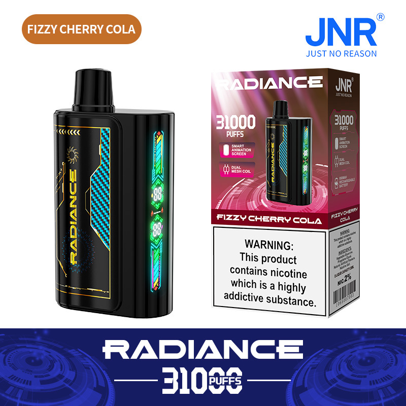 JNR Radiance Elegant Vape device featuring Fizzy Cherry Cola flavor, offering 31,000 puffs for an exhilirating experience.
