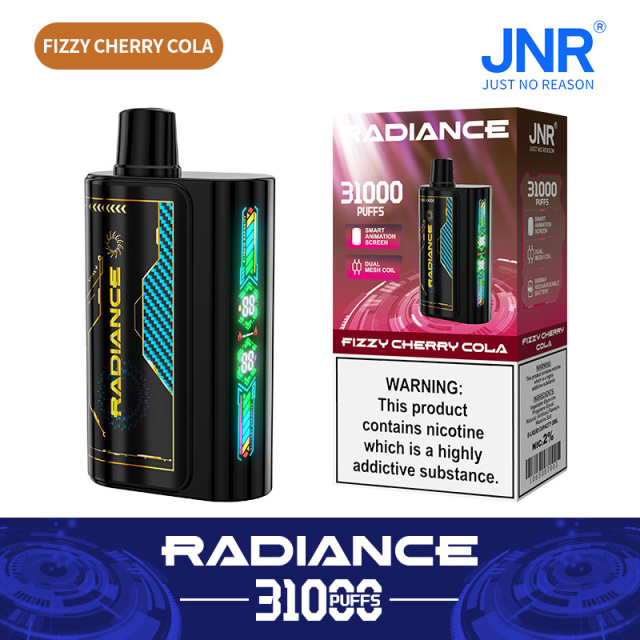 JNR Radiance Elegant Vape device featuring Fizzy Cherry Cola flavor, offering 31,000 puffs for an exhilirating experience.