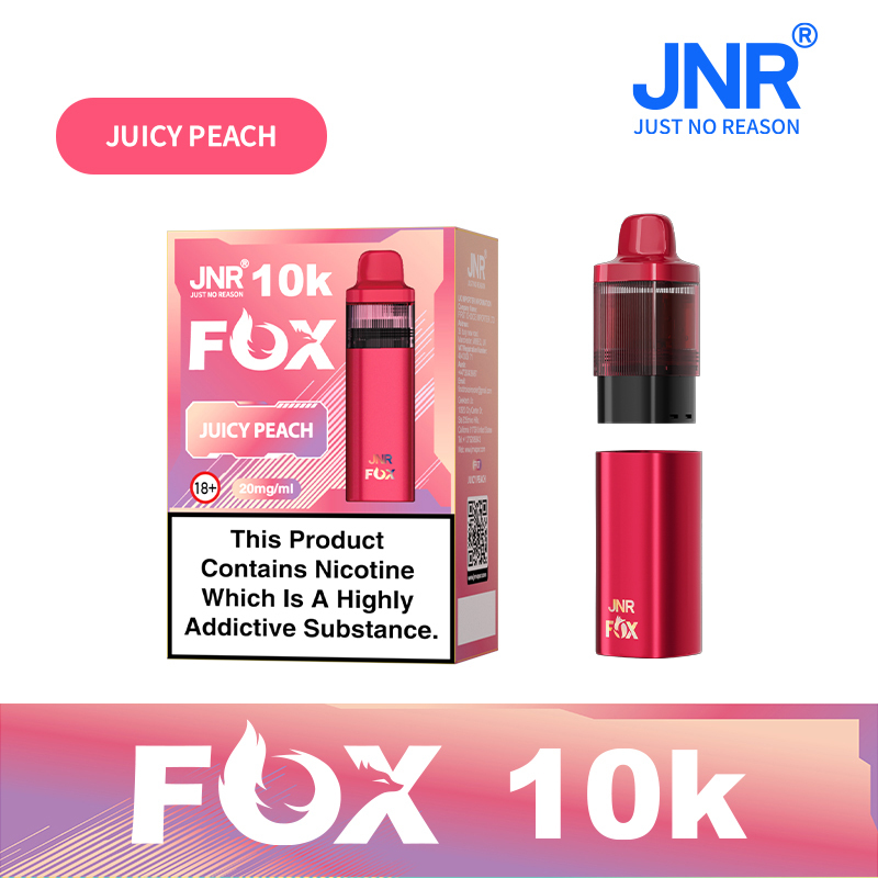 JNR Fox Vape device having sleek design and featuring Juicy Peach flavor, offering 10,000 puffs for a refreshing experience.