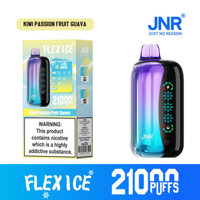 JNR Flex Ice Vape device featuring Kiwi Passion fruti Guava flavor, offering 21,000 puffs for an exhilirating experience.