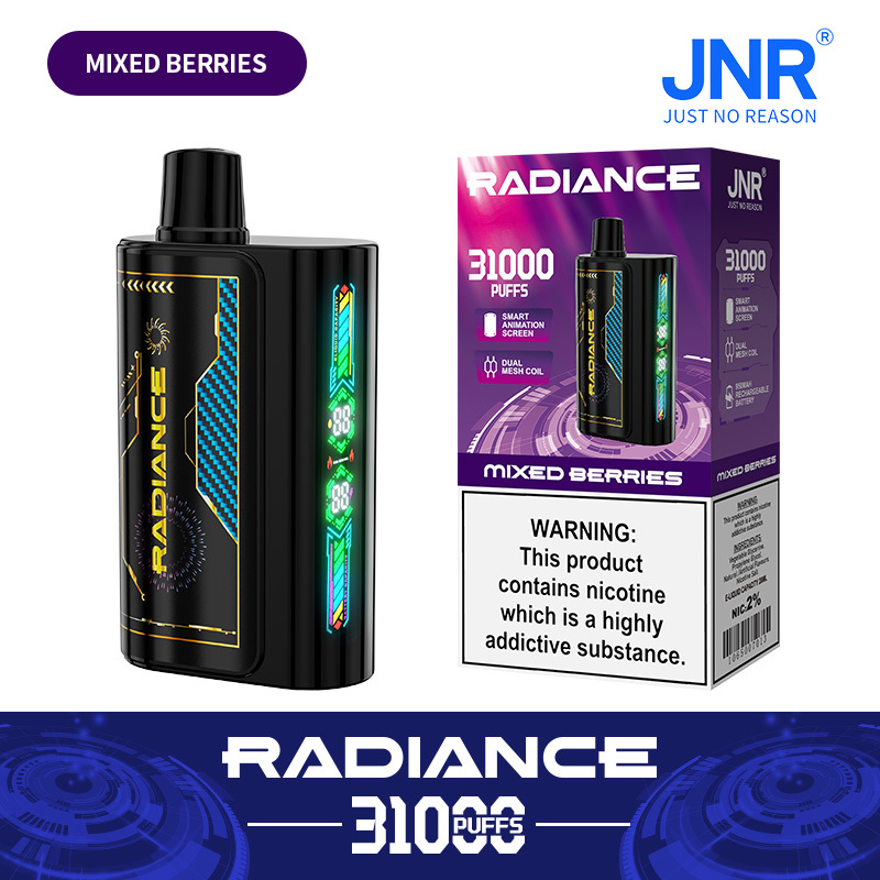 JNR Radiance Elegant Vape device featuring Mixed Berries flavor, offering 31,000 puffs for an exhilirating experience.
