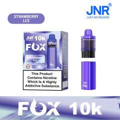 JNR Fox Vape device having sleek design and featuring Strawberry Ice flavor, offering 10,000 puffs for a refreshing experience.