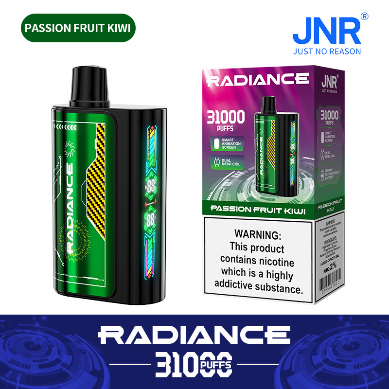 JNR Radiance Elegant Vape device featuring Passion Fruit Kiwi flavor, offering 31,000 puffs for an exhilirating experience.