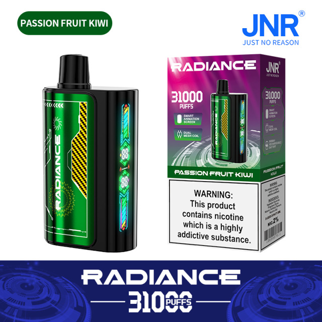 JNR Radiance Elegant Vape device featuring Passion Fruit Kiwi flavor, offering 31,000 puffs for an exhilirating experience.