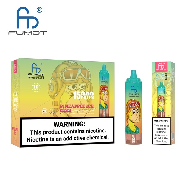 Fumot Tornado 15000 Puffs Vape featuring the flavor pineapple ice and showing the vape and vape packaging.