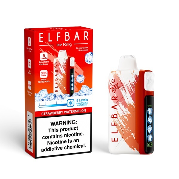 Elfbar Ice King 30000 Puffs vape in flavor, strawberry watermelon showing the vape and its packaging