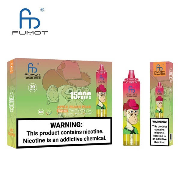 Fumot Tornado 15000 Puffs Vape featuring the flavor apple peach pear and showing the vape and vape packaging.