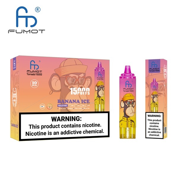 Fumot Tornado 15000 Puffs Vape featuring the flavor banana ice and showing the vape and vape packaging.