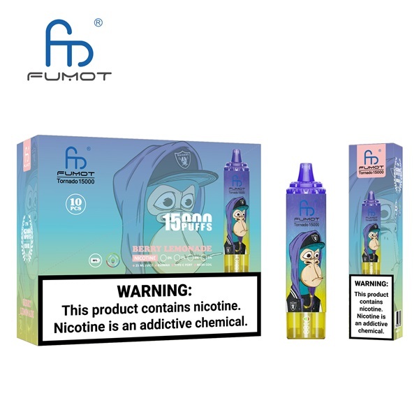 Fumot Tornado 15000 Puffs Vape featuring the flavor berry lemonade and showing the vape and vape packaging.