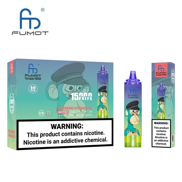 Fumot Tornado 15000 Puffs Vape featuring the flavor blueberry bubblegum and showing the vape and vape packaging.