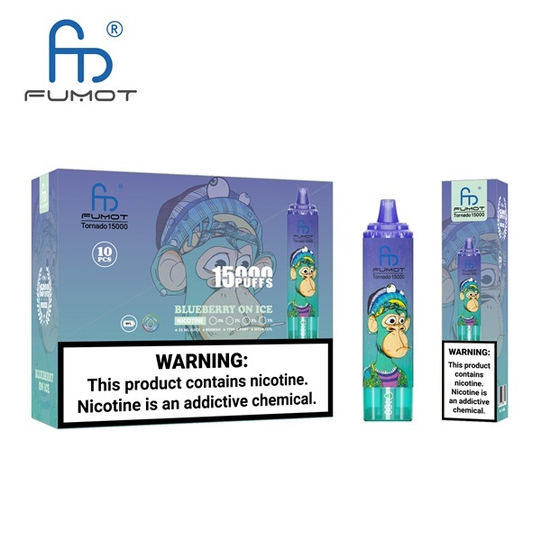Fumot Tornado 15000 Puffs Vape featuring the flavor blueberry on ice and showing the vape and vape packaging.