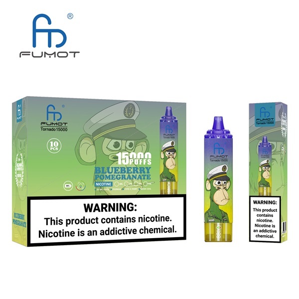 Fumot Tornado 15000 Puffs Vape featuring the flavor blueberry pomegranate and showing the vape and vape packaging.