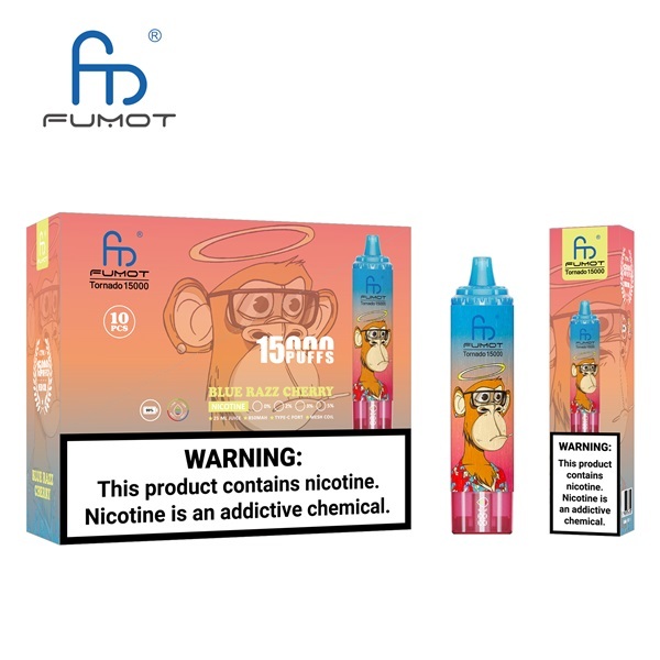Fumot Tornado 15000 Puffs Vape featuring the flavor blue razz cherry and showing the vape and vape packaging.