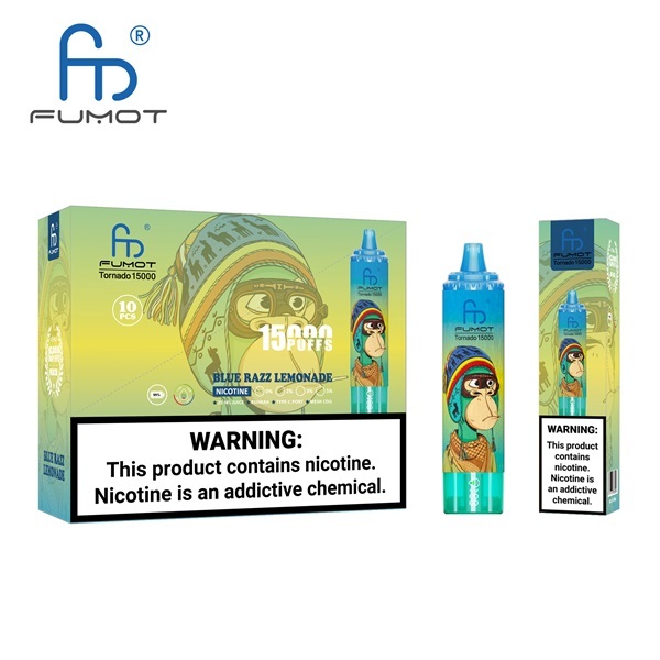 Fumot Tornado 15000 Puffs Vape featuring the flavor blue razz lemonade and showing the vape and vape packaging.