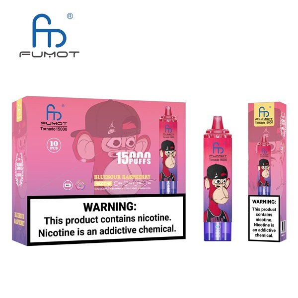Fumot Tornado 15000 Puffs Vape featuring the flavor blue sour raspberry and showing the vape and vape packaging.
