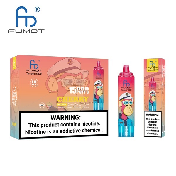 Fumot Tornado 15000 Puffs Vape featuring the flavor cherry and showing the vape and vape packaging.
