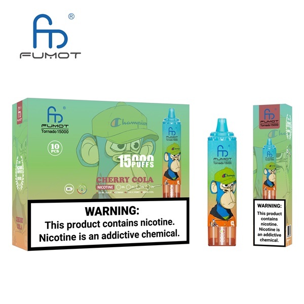 Fumot Tornado 15000 Puffs Vape featuring the flavor cherry cola and showing the vape and vape packaging.