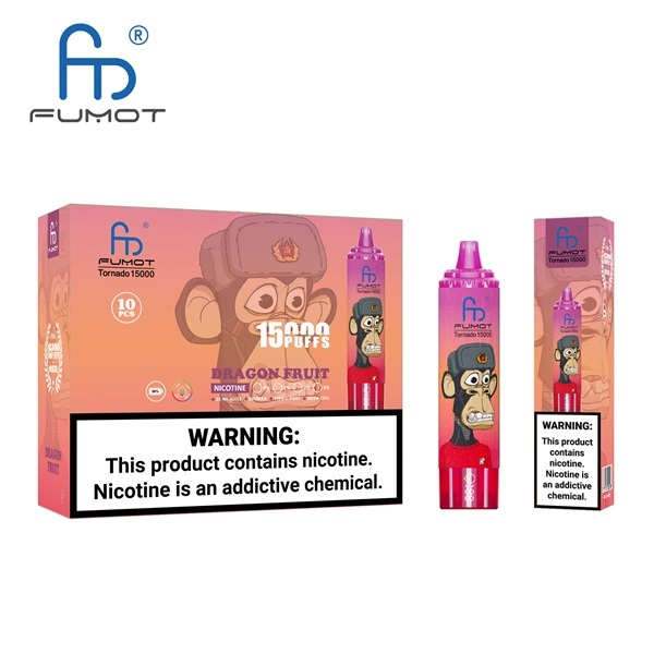 Fumot Tornado 15000 Puffs Vape featuring the flavor dragon fruit and showing the vape and vape packaging.