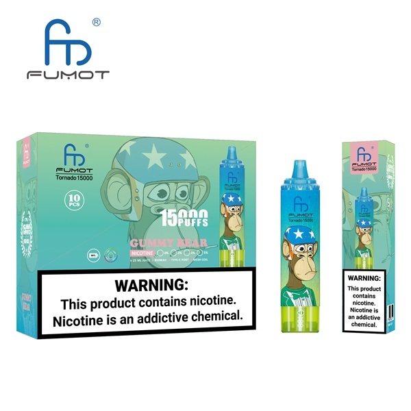 Fumot Tornado 15000 Puffs Vape featuring the flavor gummy bear and showing the vape and vape packaging.